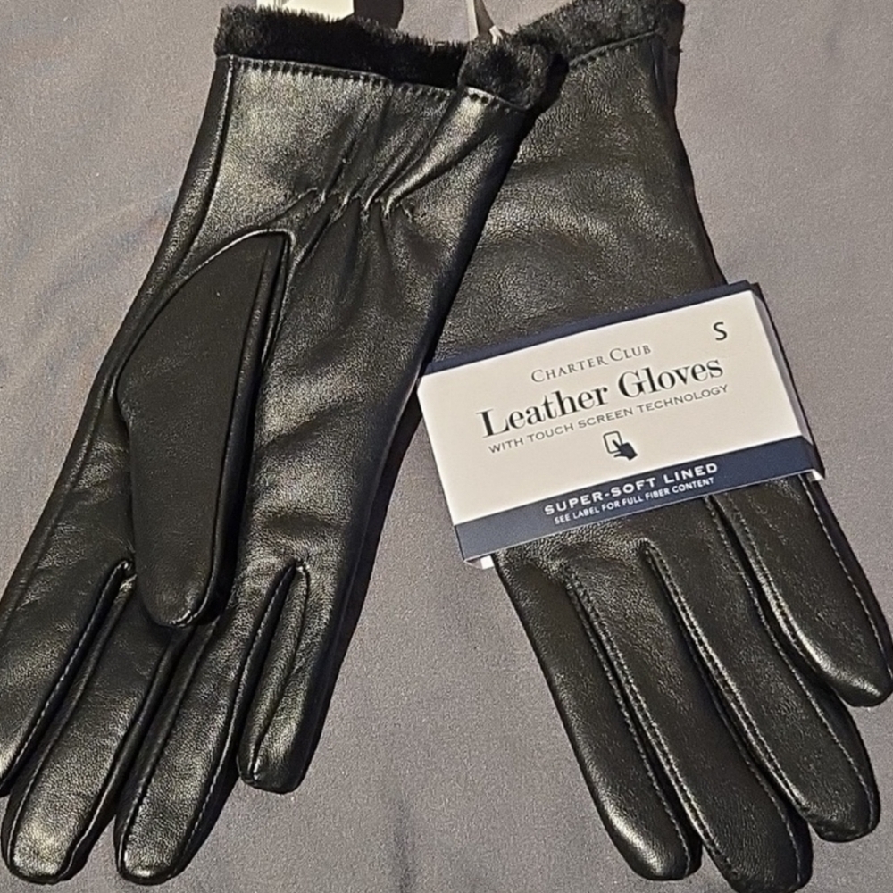 Charter Club Black Leather Gloves NWT